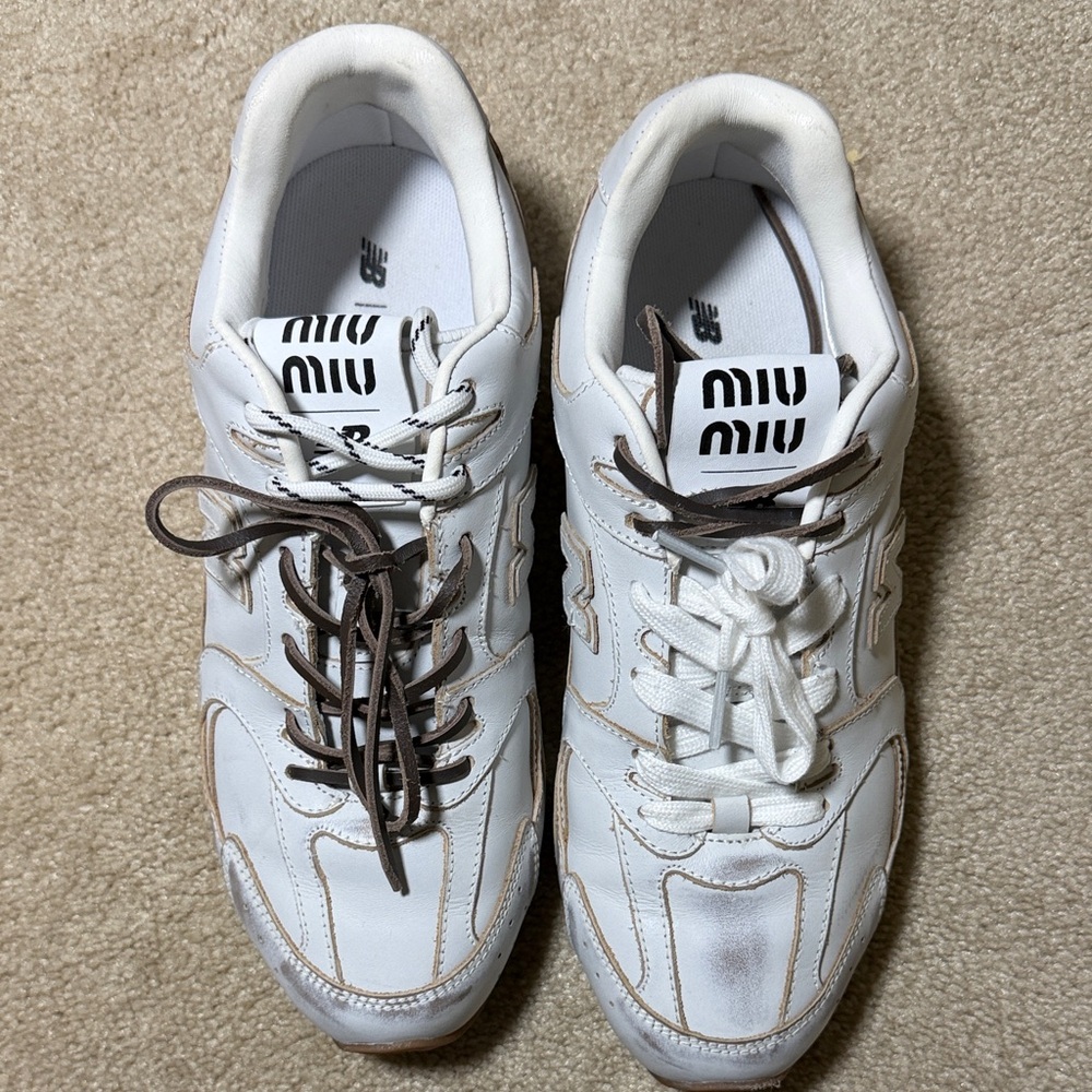 Miu Miu x New Balance Leather Sneakers White Tan Gum Sole EU 39.5